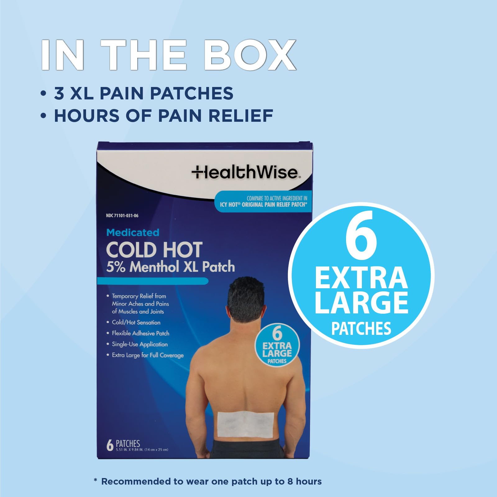 HealthWise Cold Hot Medicated Menthol XL Patch | 5% Menthol | Back and Large Areas | 5.51” x 9.84” | 6-Count | Paraben-Free | Soothes Minor Aches and Pains | Super-Size Relief HealthWiseAu supplements