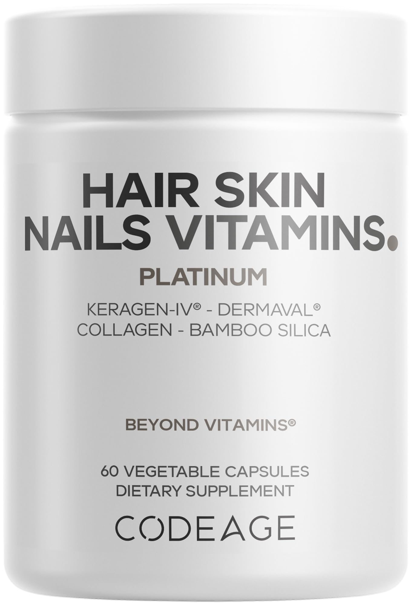 Codeage Hair Skin Nails Vitamins Platinum - KeraGEN-IV Keratin, Dermaval - Hair Fall, Skin Elasticity & Moisture Support - Biotin 5000, Collagen, Vitamin C, Coffeeberry, PABA Supplement - 60 Capsules CodeageAu supplements