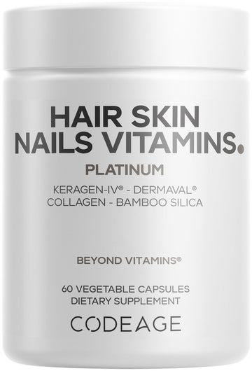 Codeage Hair Skin Nails Vitamins Platinum - KeraGEN-IV Keratin, Dermaval - Hair Fall, Skin Elasticity & Moisture Support - Biotin 5000, Collagen, Vitamin C, Coffeeberry, PABA Supplement - 60 Capsules CodeageAu supplements