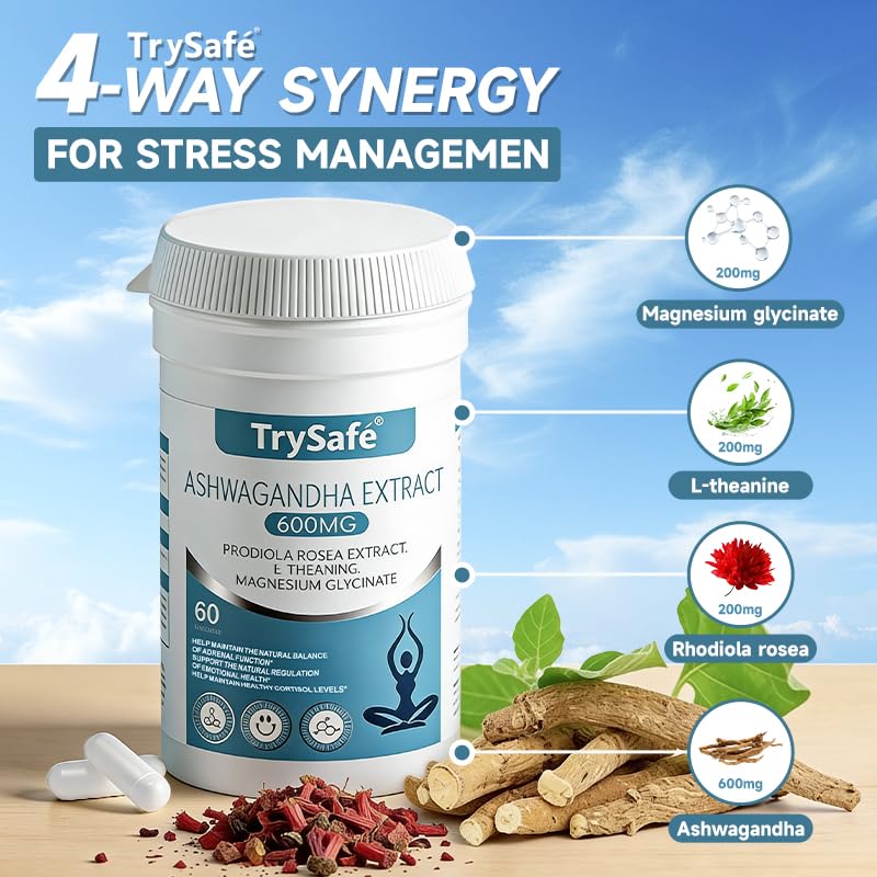 TrySafe 1100MG Cortisol Supplements for Women and Man with 600MG Ashwagandha, 200MG Rhodiola Rosea, 200MG L-Theanine, 100MG Magnesium Glycinate | for Healthy Stress Response*, Mood* TrySafeAu supplements