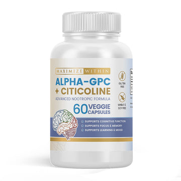 Maximize Within Alpha GPC + Citicoline 60 Ct, 1600mg Concentrated Formula- 99%+Highly Purified & Bioavailable Nootropic-Cognitive Enhancer, Supports Memory, Brain Function, Boosts Focus, Mood & Energy Maximize WithinAu supplements
