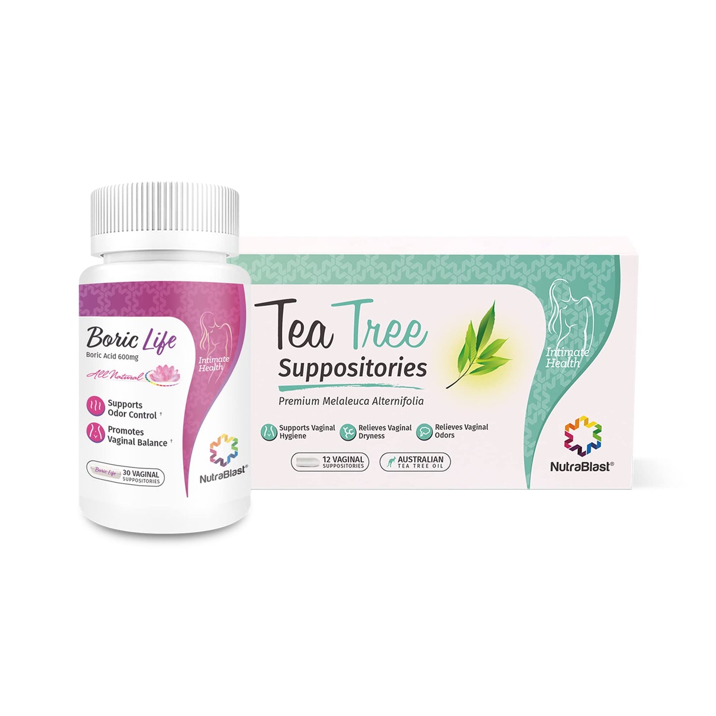 NutraBlast Boric Acid Suppositories 600mg (30 Count) Bundle with Tea Tree Oil Suppositories (12 Count) | All Natural Intimate Deodorant for Women | Restore Feminine pH Balance NutraBlastUS supplements