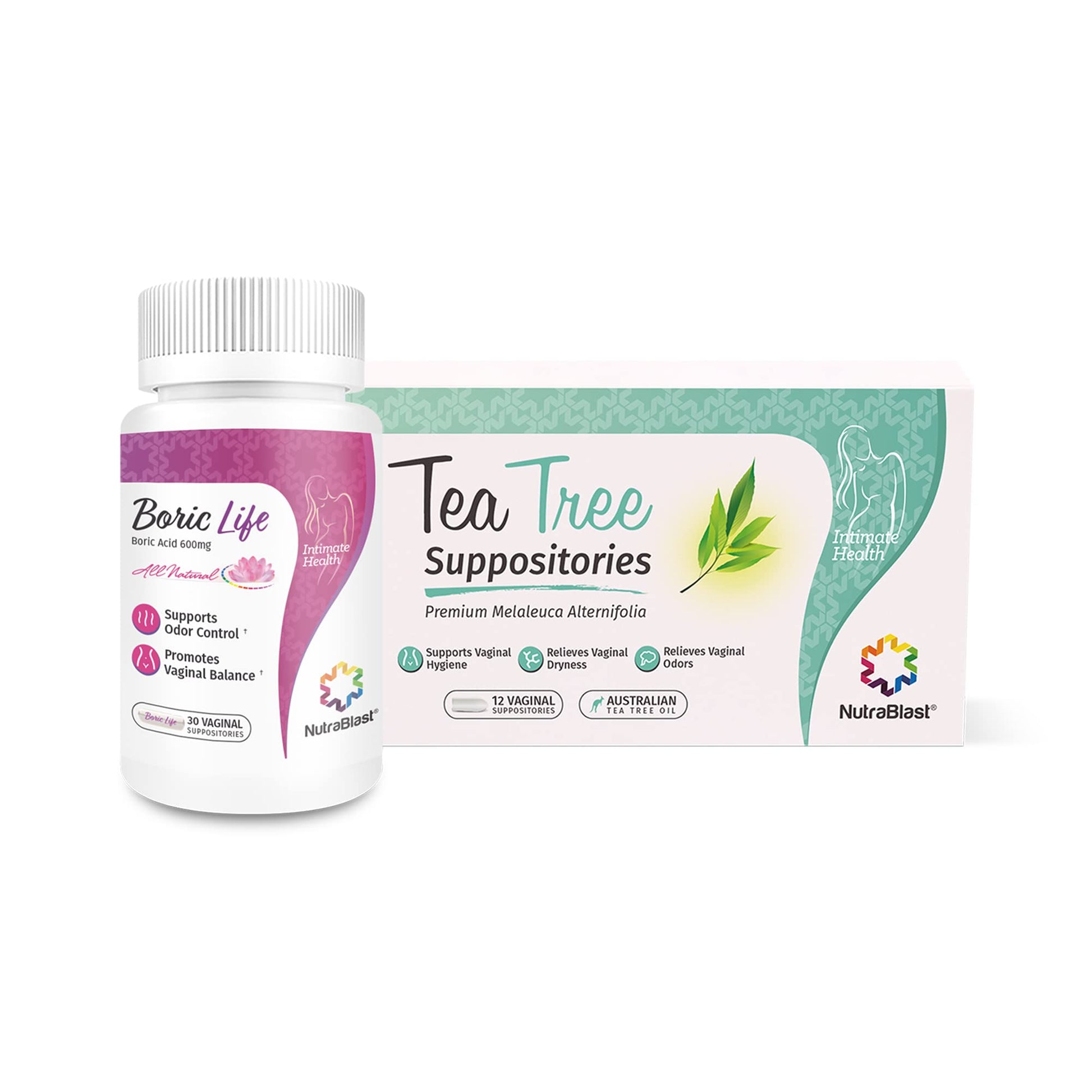 NutraBlast Boric Acid Vaginal Suppositories 600mg (30 Count) w/Tea Tree Oil Suppositories (12 Count) NutraBlastAu supplements