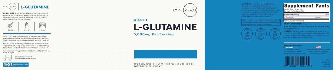 Type Zero L-Glutamine Powder (500G) 3-Month Supply Pure L-Glutamine Supplement - Vegan, Gluten Free, No Fillers Type ZeroUS supplements