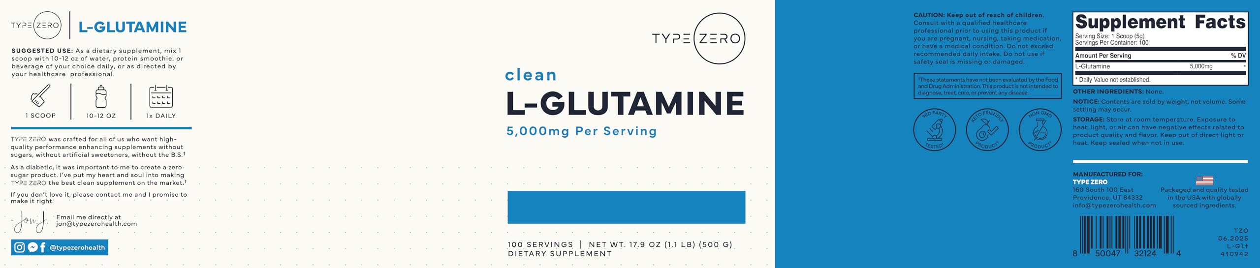 Type Zero L-Glutamine Powder (500G) 3-Month Supply Pure L-Glutamine Supplement - Vegan, Gluten Free, No Fillers Type ZeroUS supplements