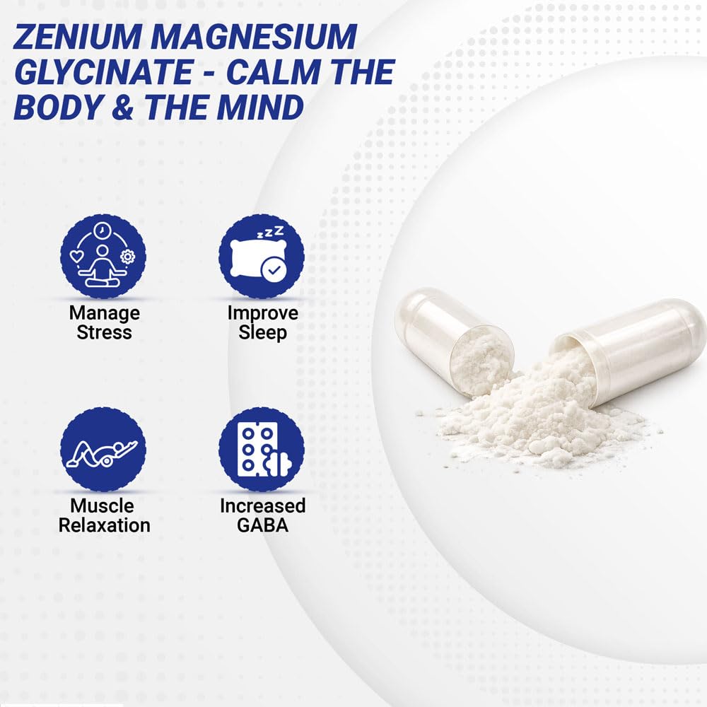 Zenium - Magnesium Glycinate for Sleep, Chelated, 600mg per Serving, 120 Capsules | High Absorption | Relieve Tension, Worry, Nervousness | Calm The Mind & Body | Ayurvedic | Natural Relief Supplement ZeniumAu supplements