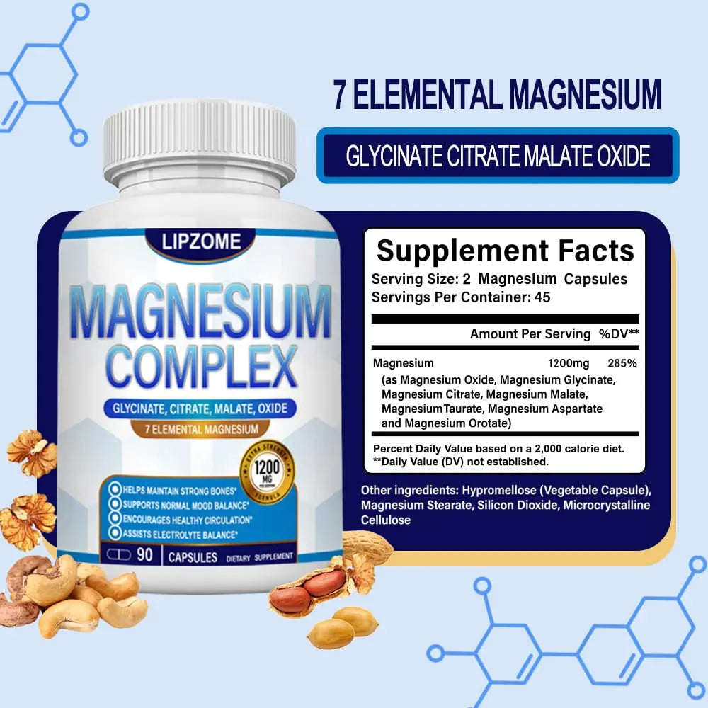 Magnesium Complex Supplement 1200mg - Advanced 7-in-1 Magnesium Blend - Glycinate, Citrate, Malate, Taurate, Oxide, Aspartate, Orotate – High Absorption Formula – Non-GMO, 90 Capsules Lipzomenz supplements