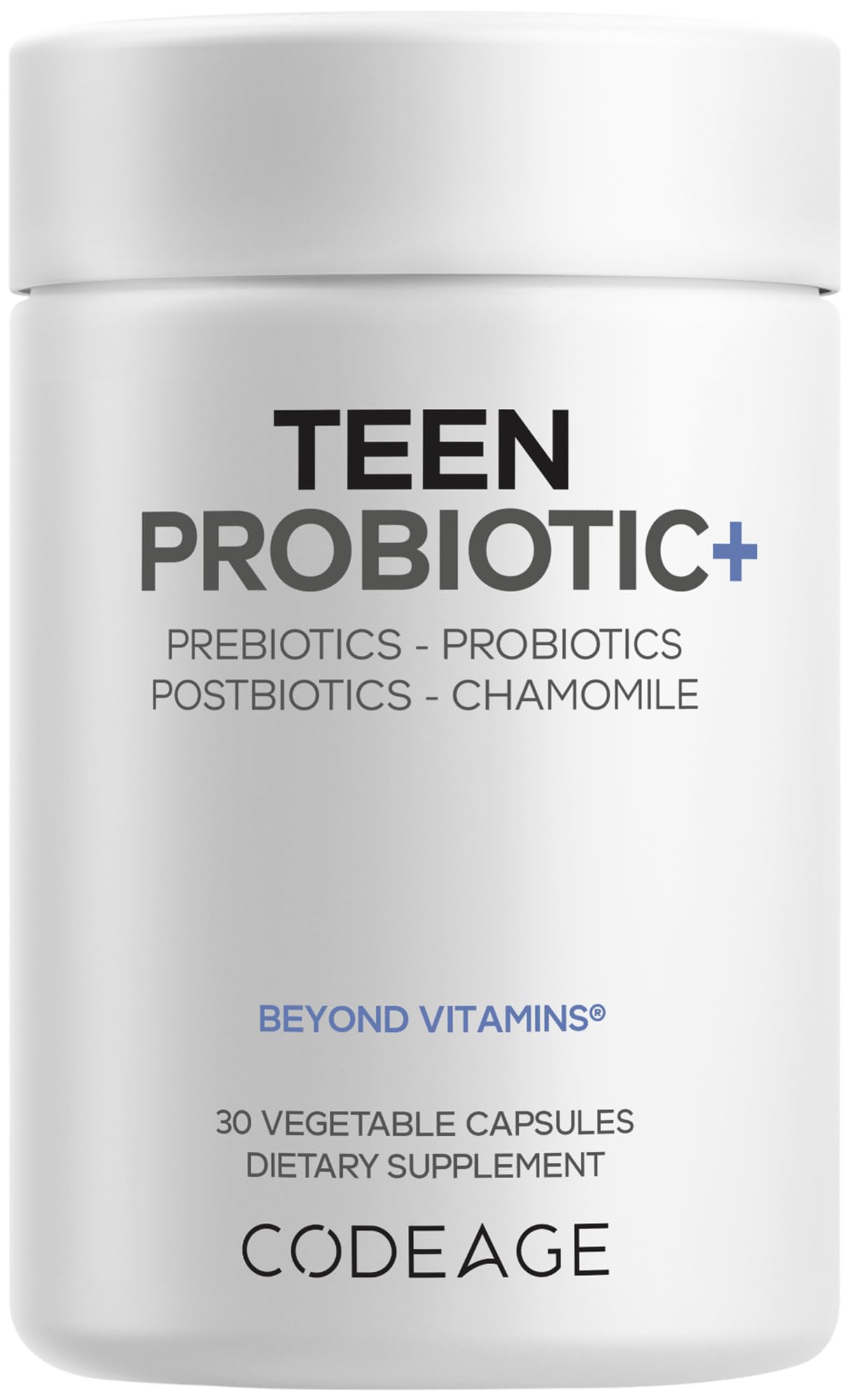 Codeage Teen Probiotic+ Supplement - 25 Billion CFU Probiotic Blend with Prebiotics, Postbiotics & Chamomile - Gut & Digestion Support for Teens and Teenagers 12 & Up - Non-GMO- 30 Capsules CodeageAu supplements