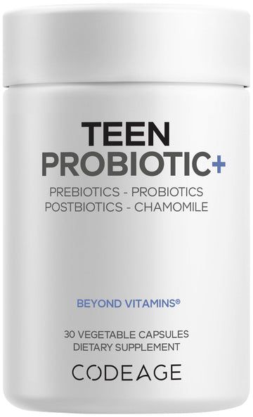 Codeage Teen Probiotic+ Supplement - 25 Billion CFU Probiotic Blend with Prebiotics, Postbiotics & Chamomile - Gut & Digestion Support for Teens and Teenagers 12 & Up - Non-GMO- 30 Capsules CodeageAu supplements