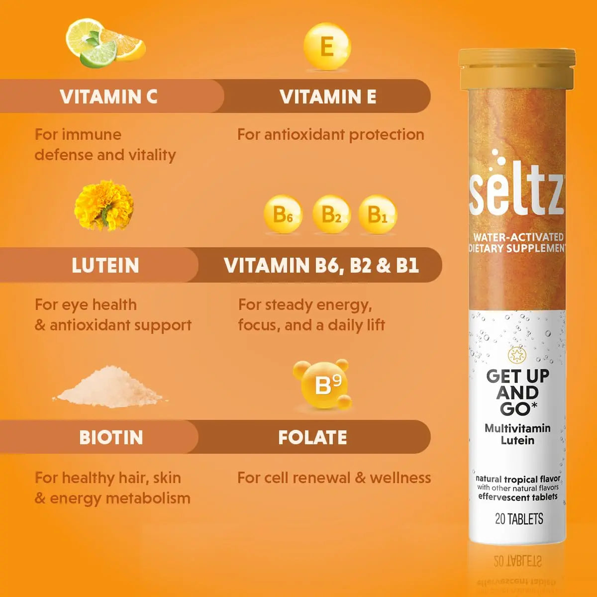 Seltz® Get Up and Go – Effervescent Multivitamin with Lutein for Daily Energy, Eye Health & Antioxidant Support SeltzAu supplements