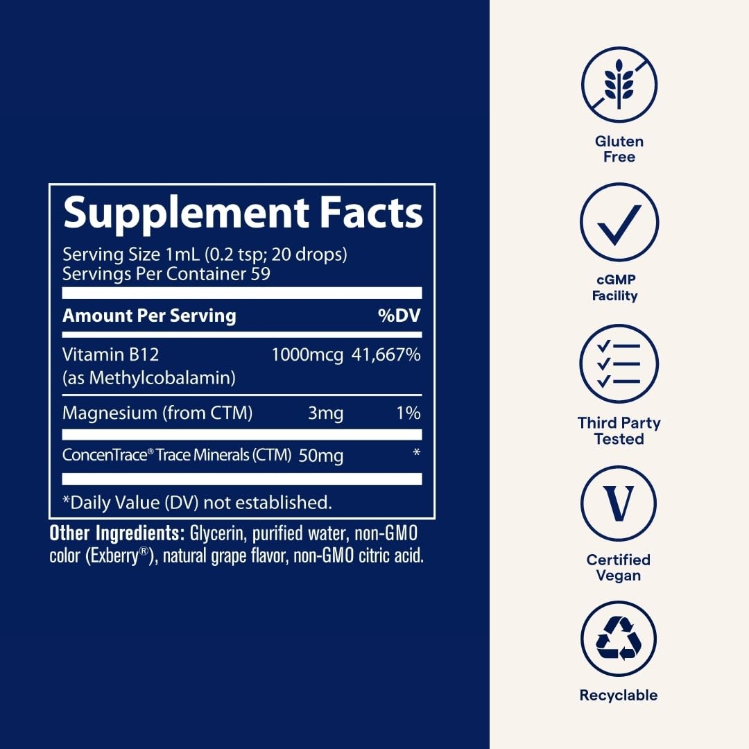 Trace Minerals Ionic B12 - Liquid Multivitamin for Hormone Balance & Healthy Nerve Function - Supports Metabolic Health - Enzyme Production - Natural Wellness Formula - 2 fl oz (59 Servings) Trace MineralsAu supplements