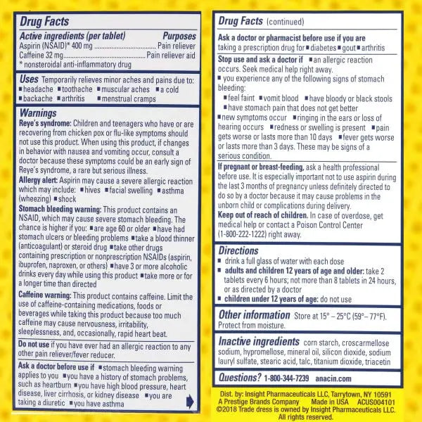 Anacin Fast Pain Relief Pain Reducer Aspirin Tablets, 200 Tabs (Value Pack of 2) ANACINAu supplements