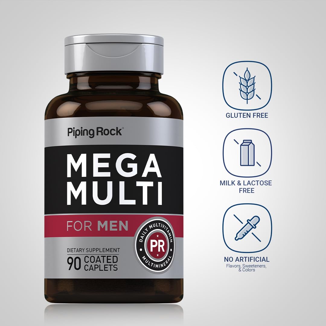 Piping Rock Men's Multivitamin | 90 Caplets | Mega Vitamin and Mineral Complex | Daily Support Supplement | with Vitamin C, D, Magnesium, Zinc | Non-GMO, Gluten Free Piping RockAu supplements