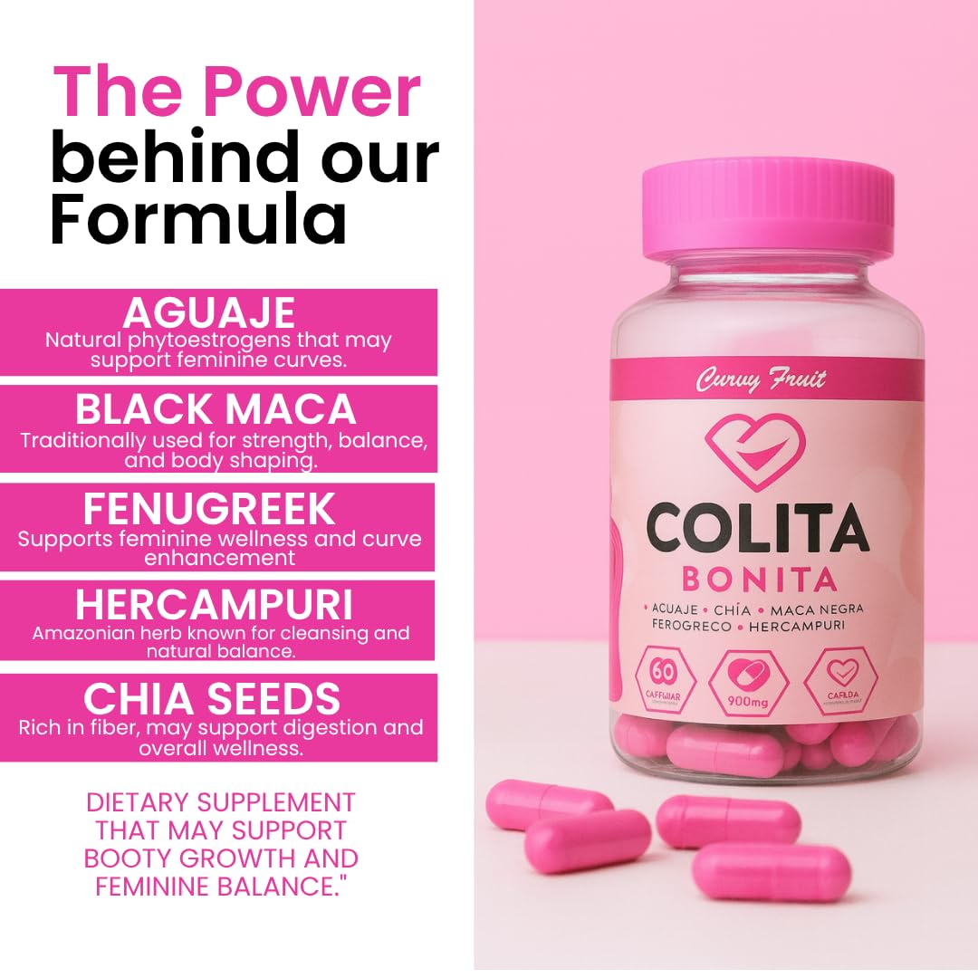 Colita Bonita – Aguaje, Black Maca & Fenugreek Pills – Natural Booty Growth & Hip Shaping Supplement – Supports Curves, Hormonal Balance & Waist Definition – 60 Capsules (30-Day Supply) Curvy FruitAu supplements