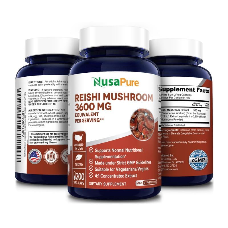 NusaPure Reishi Mushroom 4:1 Extract, 900 mg Equivalent to 3,600mg per Capsule 200 Veggie Caps Vegan, Non-GMO, Gluten-Free NusaPureAu supplements