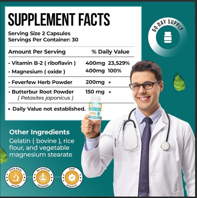 Nature's Nectar Migraine Prevention Feverfew Capsules – PA Free Butterbur Root, Riboflavin 400 mg, Magnesium & Feverfew – Natural Headache Relief & Migraine Supplement – 120 Capsules Nature's NectarAu supplements