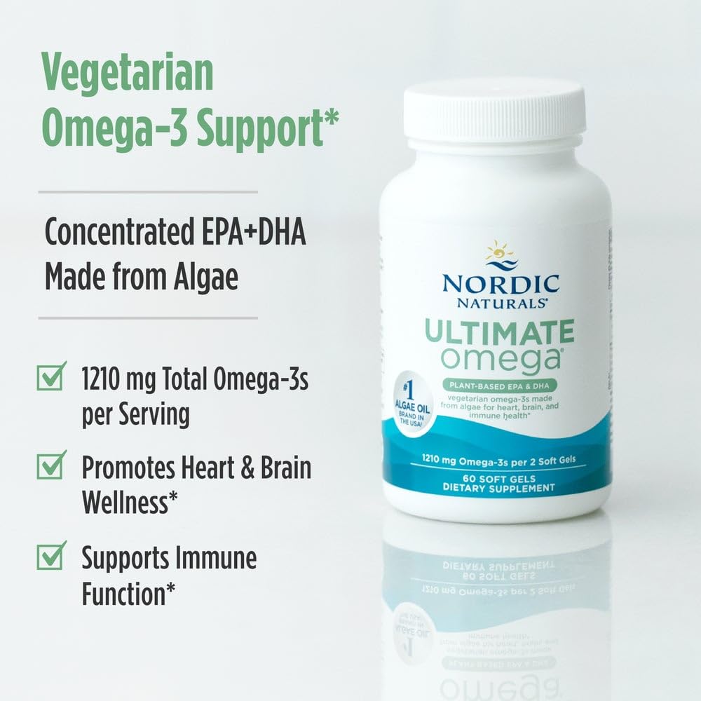 Nordic Naturals Plant Based Ultimate Omega, Lemon Flavor - 60 Vegetarian Soft Gels - 1210 mg Omega-3 - Vegan EPA and DHA - Supplement Made from Algae - Brain & Heart Support - Non-GMO - 30 Servings Nordic NaturalsAu supplements
