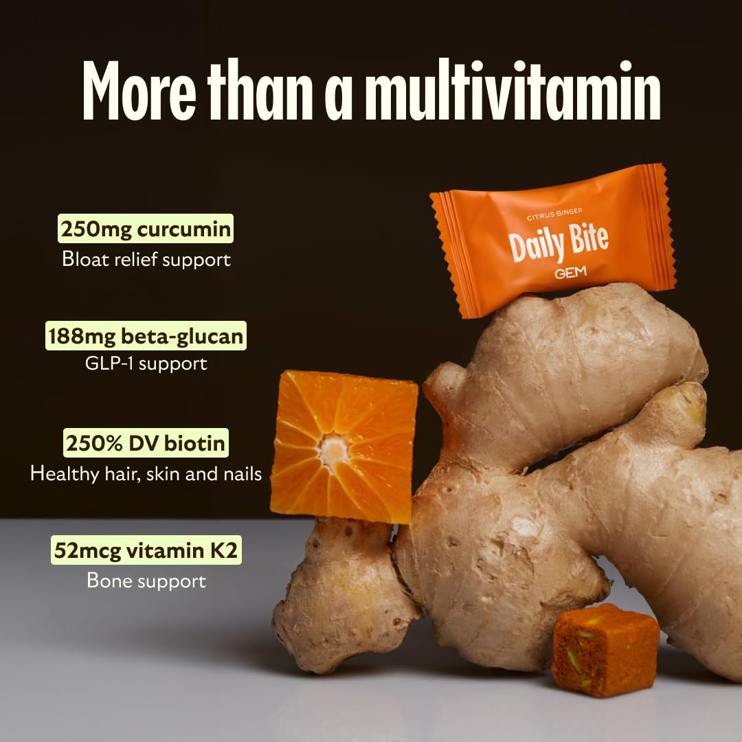 GEM Daily Bite for Women & Men, with 20+ Vitamins, Minerals, & Superfoods Like Zinc, Vitamin D, B-Complex, K, Turmeric, Fiber & Prebiotics, Beta Glucan GLP-1 Support & Immunity (Citrus Ginger,7 count) GEMAu supplements