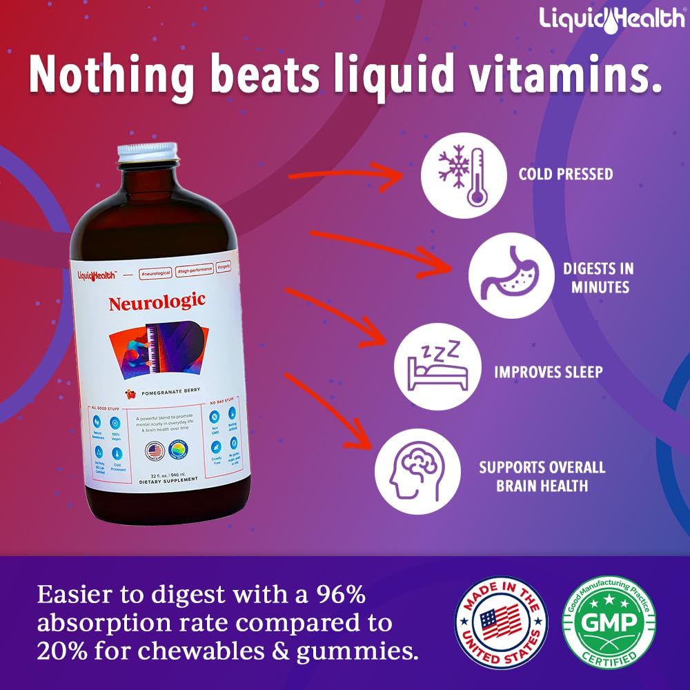 LIQUIDHEALTH Neurologic Focus Supplement - Brain Booster Nootropic Supplement for Cognitive Function, Memory & Focus with Ginkgo Biloba, Choline, L-Theanine & Phosphatidylserine - USA Made (32 oz) LIQUIDHEALTHAu supplements