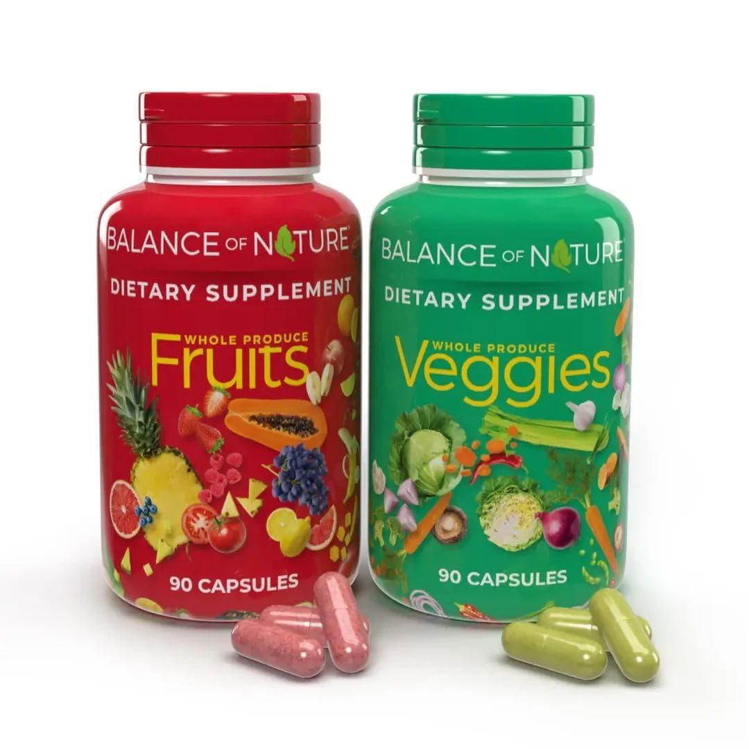 Balance of Nature Fruits & Veggies Supplements - Whole Fruit and Vegetable Ingredients for Women, Men, and Kids - 90 Fruits Capsules, 90 Veggies Capsules - 1 Set Balance of NatureAu supplements