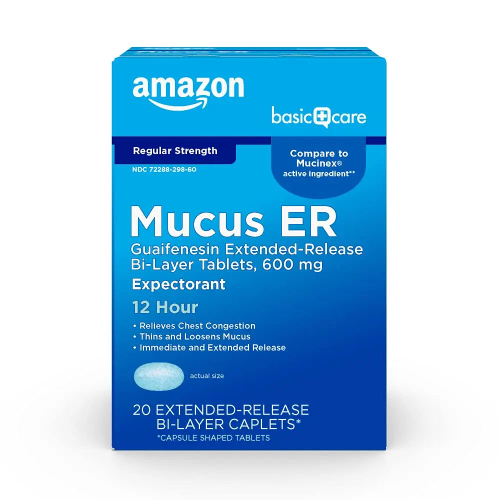 Amazon Basic Care Guaifenesin Extended-Release Tablets, 600 mg, 12 Hour Expectorant for Chest Congestion and Mucus Relief, 20 Count Amazon Basic CareAu supplements