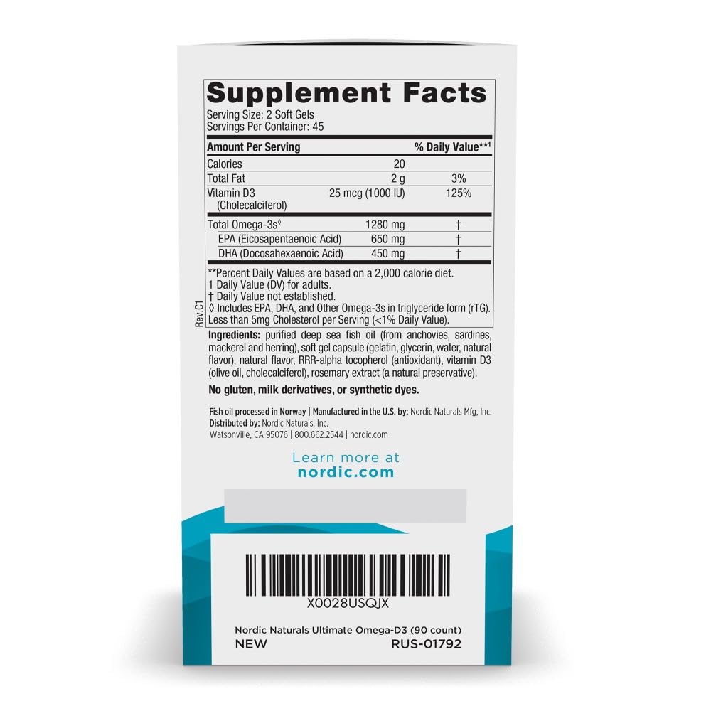 Nordic Naturals Ultimate Omega-D3, Lemon Flavor - 90 Soft Gels - 1280 mg Omega-3 + 1000 IU Vitamin D3 - EPA & DHA - Promotes Brain, Heart, & Immune Health - 45 Servings Nordic NaturalsAu supplements