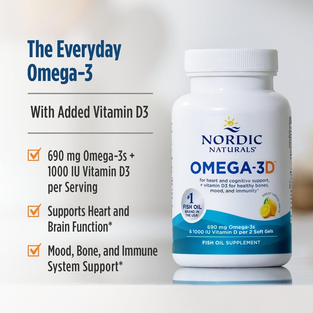 Nordic Naturals Omega-3D, Lemon Flavor - 120 Soft Gels - 690 mg Omega-3 + 1000 IU Vitamin D3 - Fish Oil - EPA & DHA - Immune Support, Brain & Heart Health, Healthy Bones - Non-GMO - 60 Servings Nordic NaturalsAu supplements