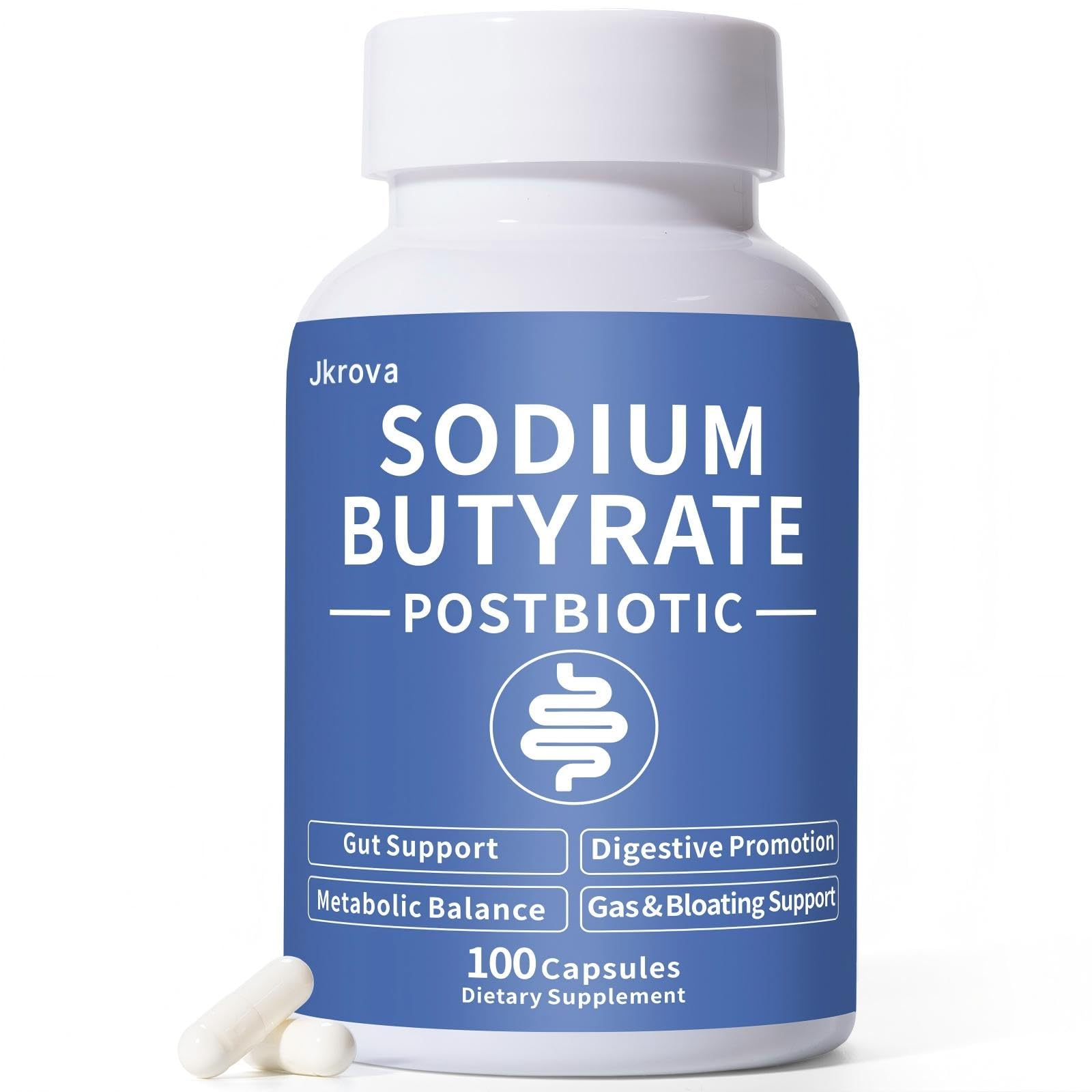 Sodium Butyrate, Butyrate Gut Health Supplement, Postbiotic for Gut, Stomach & Digestive, Support IBS, Leaky Gut, Gas & Bloat, Low Odor, 100 Vegan Capsules JkrovaAu supplements