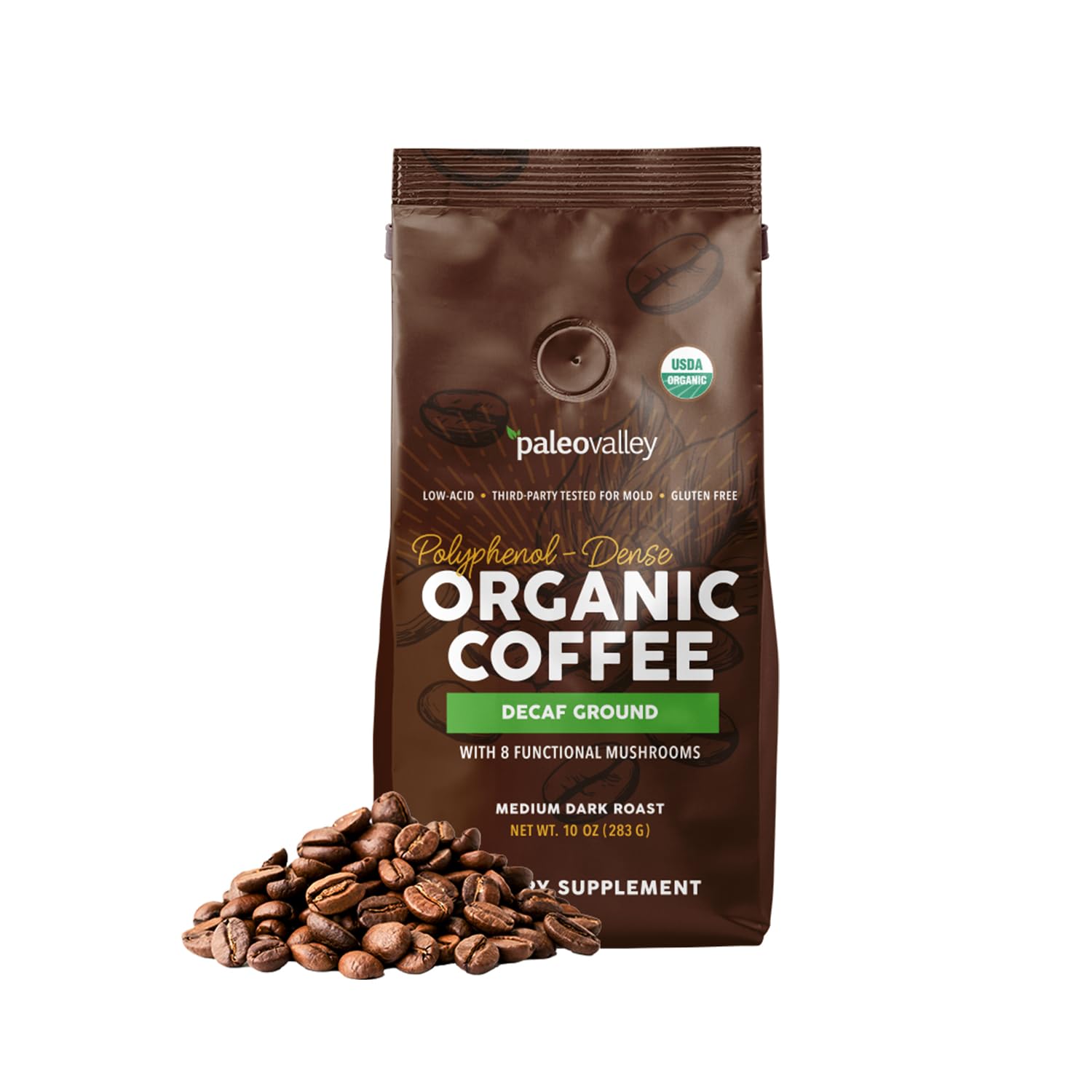 Paleovalley Organic Ground Coffee, 10oz - Decaf, Low Acid, Single-Origin, Polyphenol-Rich, Infused with Mushrooms PaleovalleyUS supplements