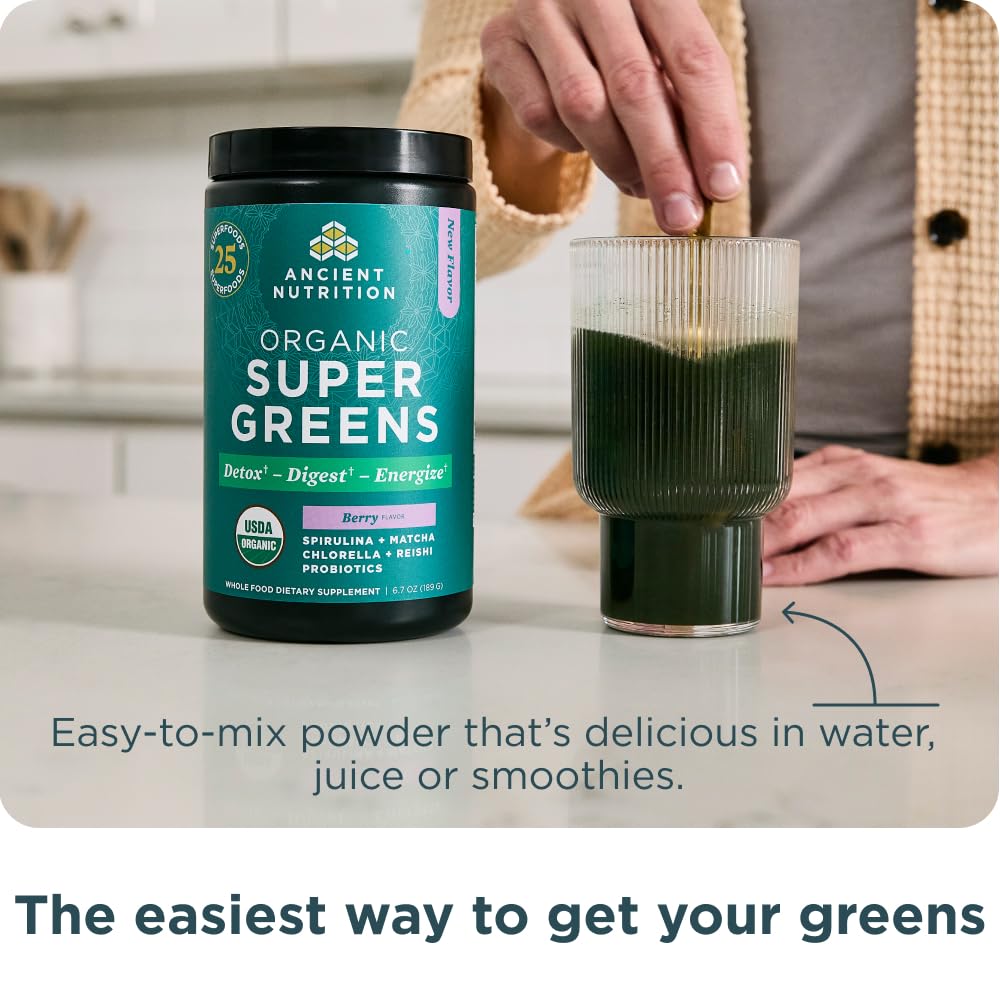 Ancient Nutrition SuperGreens Powder with Probiotics, Organic Berry Flavor Greens, Made from Real Fruits, Vegetables and Herbs, Digestive and Energy Support, 25 Servings, 6.7oz Ancient NutritionAu supplements