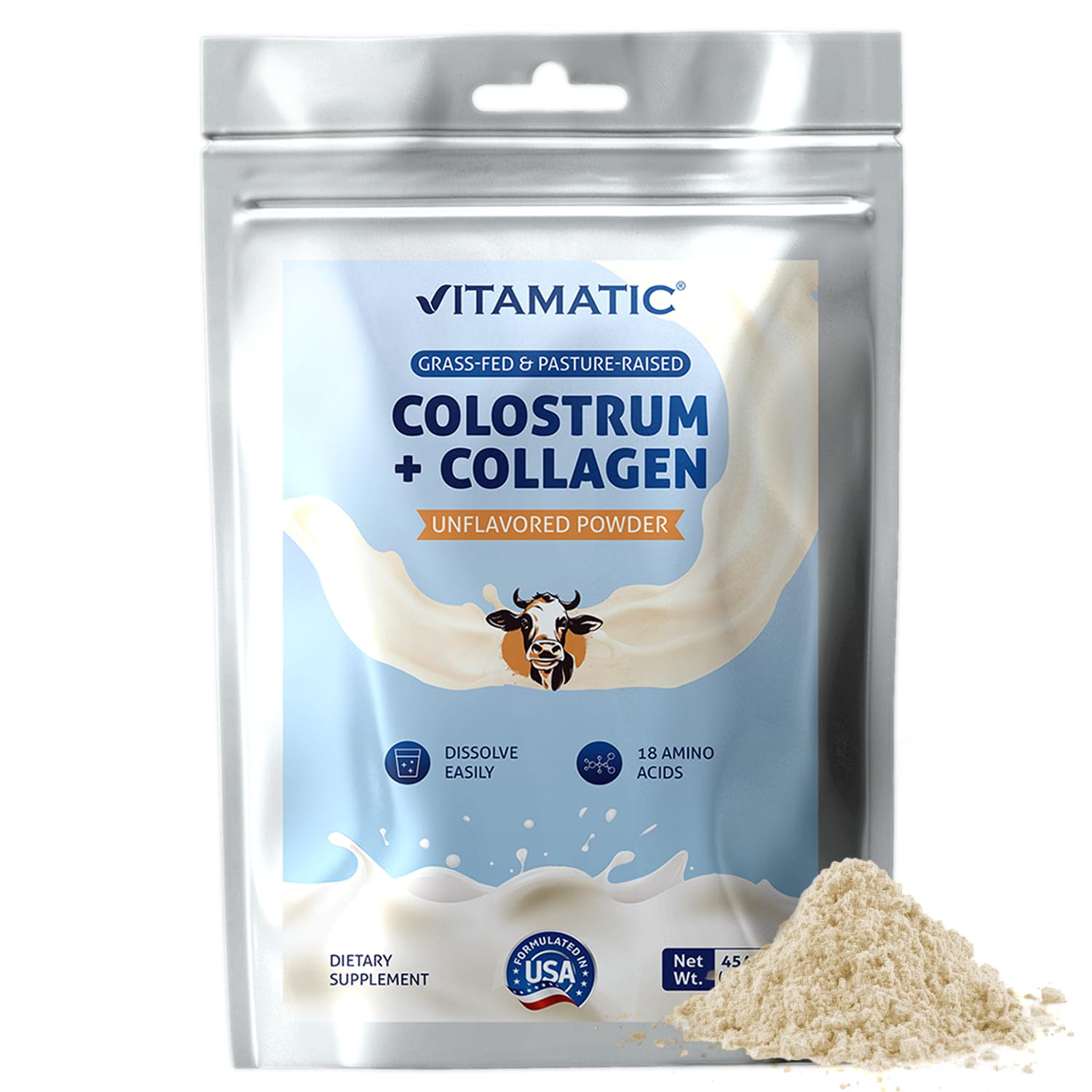 Vitamatic Bovine Colostrum + Collagen Powder - Supplement for Gut Health, Hair Growth, Beauty, Muscle Recovery, & Immune Support - Easy to Mix - Unflavored - 454 Gram, (16 oz) VitamaticAu supplements