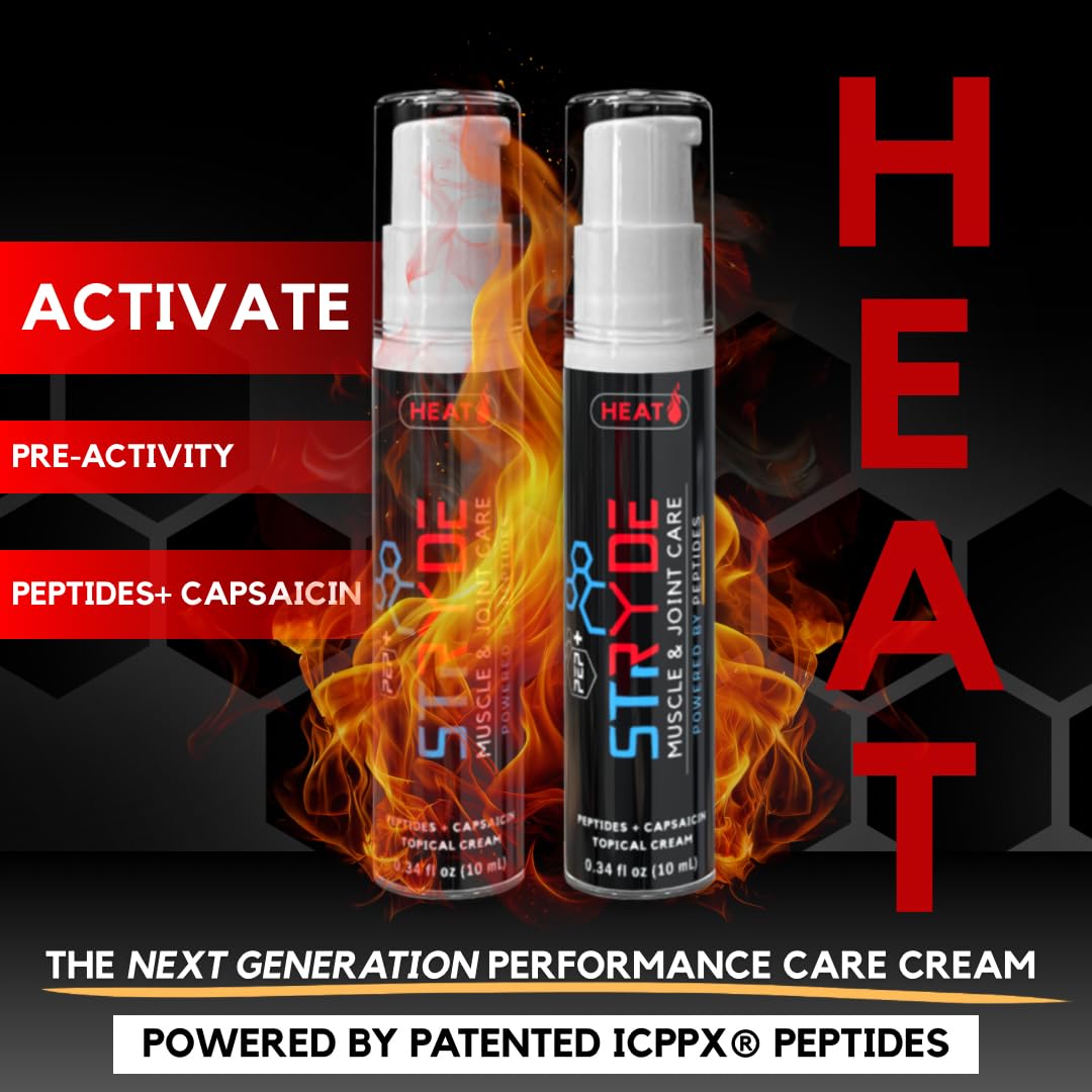 PEP+ STRYDE HEAT - Peptide-Powered Muscle & Joint Care Cream for Pre-Workout Activation - Warming Capsaicin Formula, Fast-Absorbing, Non-Greasy, Travel-Ready 0.34 fl oz (2-Pack, 30-40 Uses per Bottle) PEP+ STRYDEAu supplements