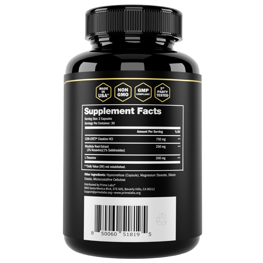 Prime Labs Creatine HCl Capsules - with CON-CRĒT®, Rhodiola Root Extract, & L-Theanine - Muscle Support, Endurance, Cognitive Function - for Men & Women - 60 Pills Prime LabsAu supplements