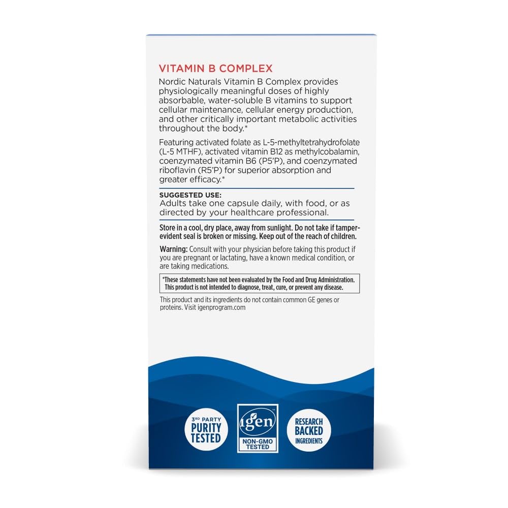 Nordic Naturals Vitamin B Complex - 45 Capsules Thiamine, Riboflavin, Niacin, B6 & B12, Folate, Biotin, Pantothenic Acid Heart Brain Health, Energy, Metabolism Non-GMO Servings Nordic NaturalsAu supplements