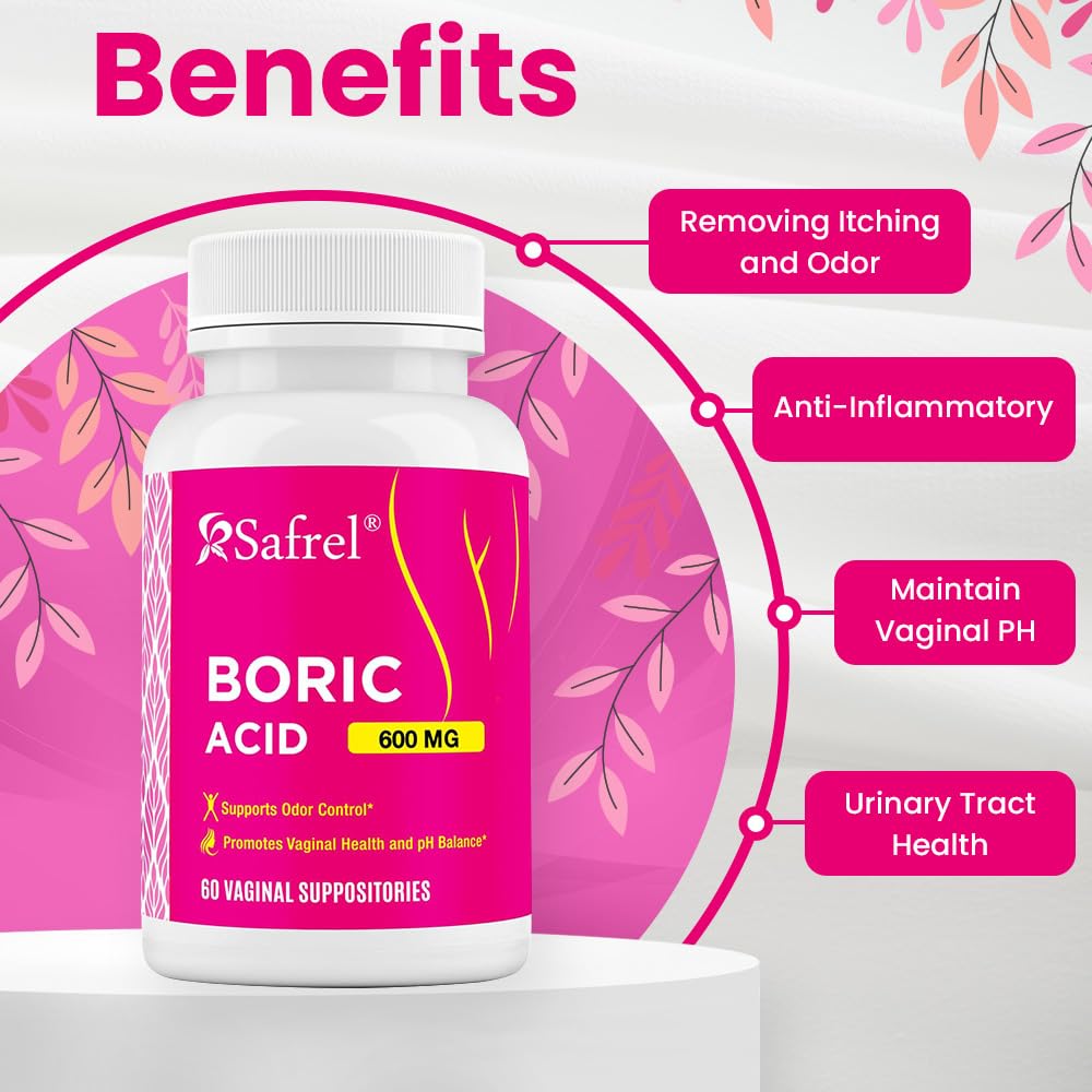 Safrel Boric Acid Vaginal Suppositories - 60 Count (1-Pack) – 100% Pure USA-Made, Supports Intimate SafrelAu supplements