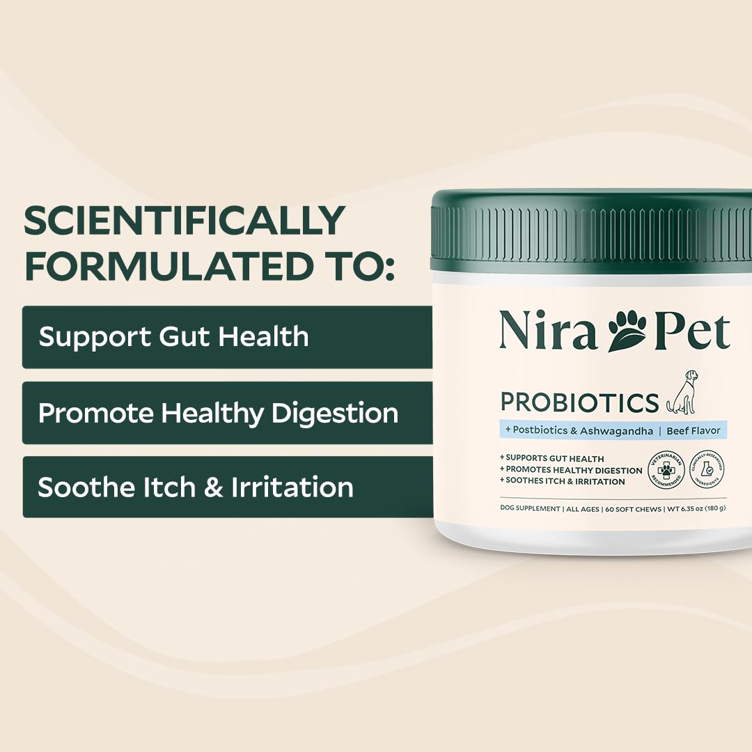 Nira Pet Probiotics for Dogs – 60 Beef-Flavored Chews with Postbiotics, Colostrum, Ashwagandha & Lactobacillus – Supports Gut Health, Immunity, Diarrhea, Gas & Stress Nira PetAu supplements