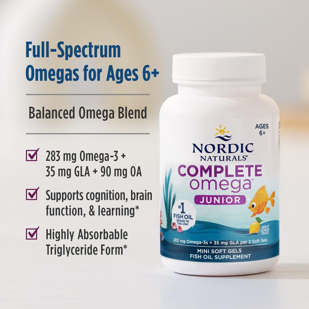 Nordic Naturals Complete Omega Jr., Lemon - 180 Mini Soft Gels - 283 mg Total Omega-3s & 35 mg GLA - Healthy Cognition, Nervous System Function - Non-GMO - 90 Servings Nordic NaturalsAu supplements