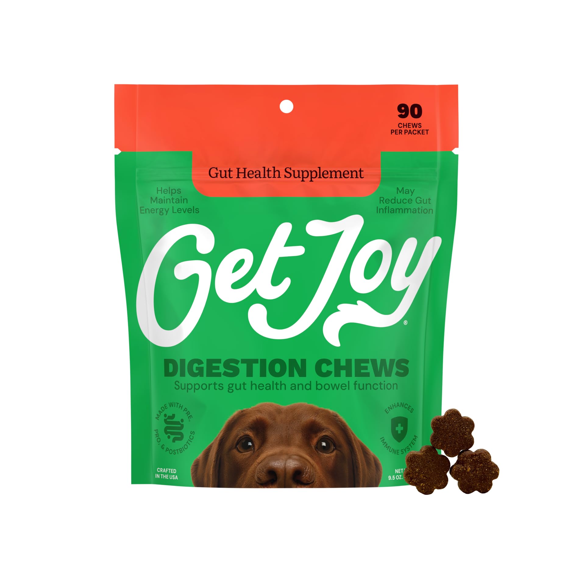 Get Joy Digestion Chews, Gut Health Supplement for Dogs, Vet Recommended Soft Daily Digestive Health & Immune Support with Prebiotics, Probiotics & Postbiotics, Made in USA, 90 Count Get JoyAu supplements