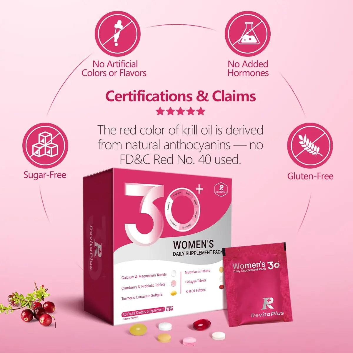RevitaPlus Multivitamin for Women with Vitamin A,B,C,D3,E,K2,Biotin, Collagen,Krill Oil,Cranberries Supports Energy,Wellness,Beauty and Immune RevitaPlusAu supplements