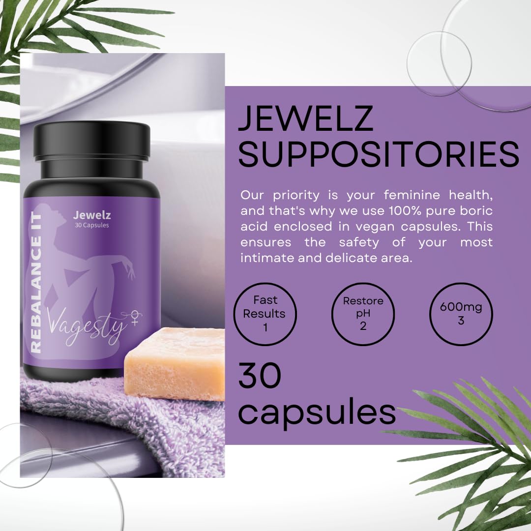 Vagesty Jewelz boric Acid Vaginal Suppositories, 100% Pure boric Acid, rebalance Vaginal pH VagestyAu supplements