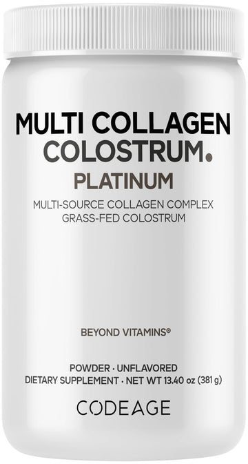 Codeage Multi Collagen Colostrum Powder Platinum - Hydrolyzed Grass-Fed Bovine Collagen Peptides, Grass-Fed Bovine Colostrum Supplement, Vitamin C, Biotin, Hyaluronic Acid, Lactoferrin - 13.4 Oz. CodeageAu supplements