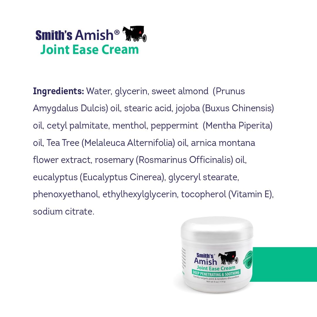 Smith’s Amish Joint Ease Cream 4 oz jar. Soothing and Cooling, with Botanicals of Arnica, Peppermint, Tea Tree, Rosemary and Eucalyptus Smith AmishAu supplements