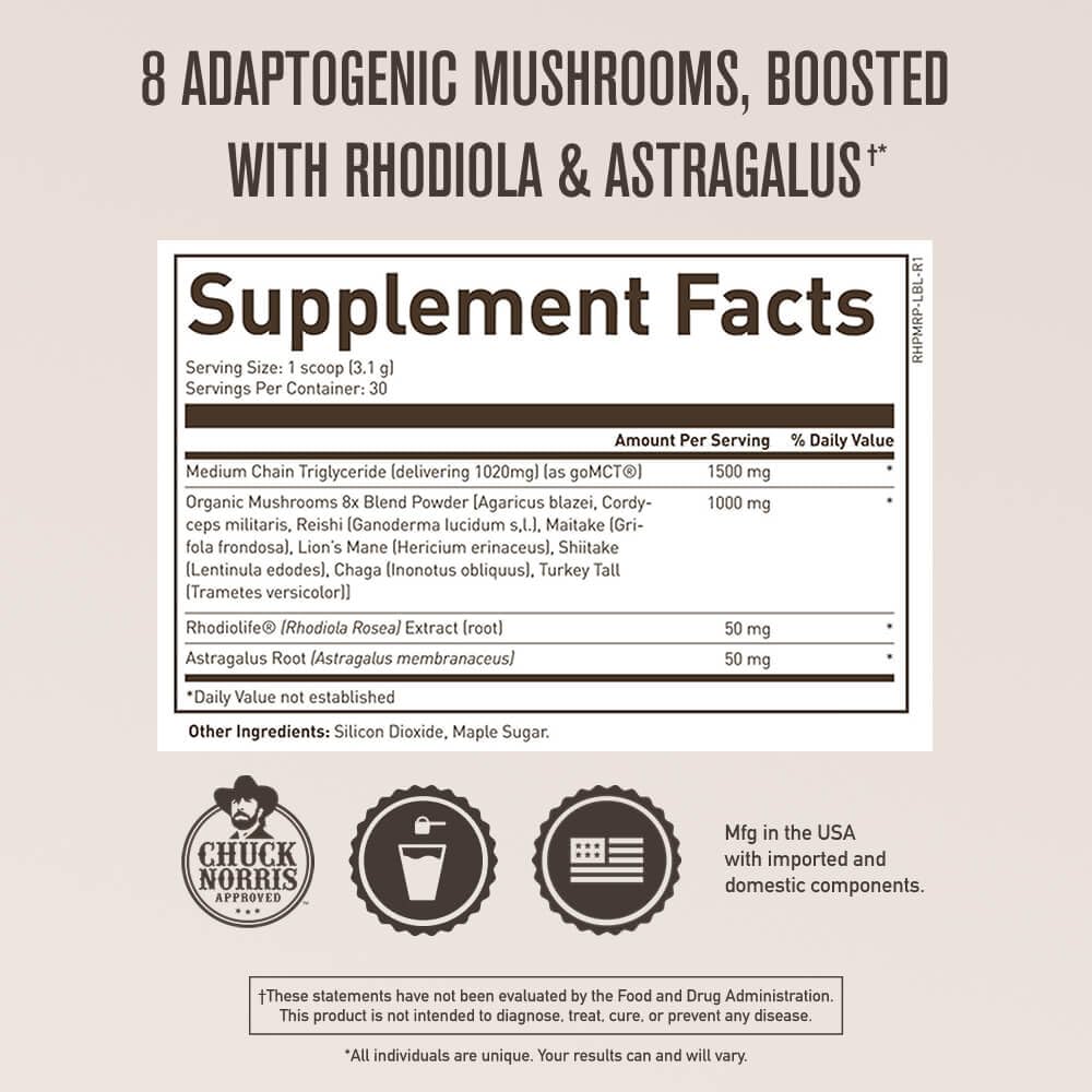 ROUNDHOUSE PROVISION Qi Master Adaptogen Blend, Earthy Mushroom Flavor with Astragalus Root, Rhodiolife Extract, MCT, 8 Organic Mushrooms (30 Scoops) by Chuck Norris ROUNDHOUSE PROVISIONAu supplements