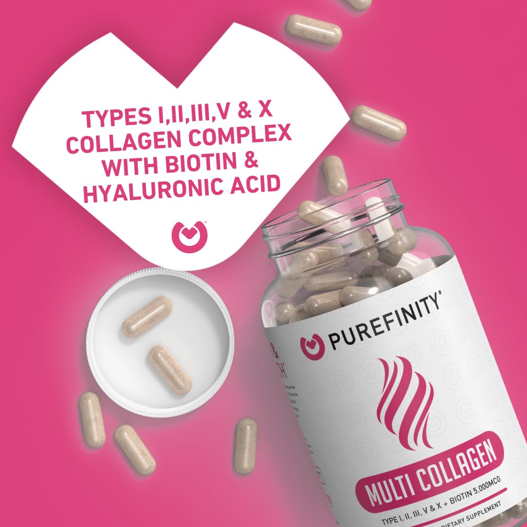 PUREFINITY Collagen Peptides for Women – Type I, II, III, V & X with Biotin & Hyaluronic Acid, Supports Healthy Skin, Bones, Hair & Nails – Non-GMO, Grass-Fed (90 Capsules, 1 Month Supply) PUREFINITYAu supplements