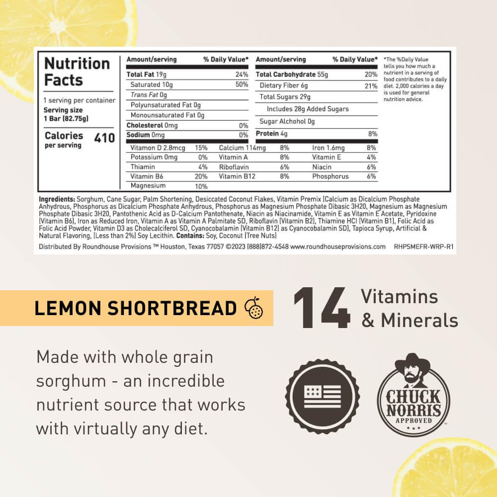 Roundhouse Provisions by Chuck Norris Emergency Food Bars - High Calorie Lemon Shortbread, 14 Vitamins & Minerals - Whole Grain Sorghum, 5-Year Shelf Life - Survival Rations for Crisis & Adventure ROUNDHOUSE PROVISIONAu supplements