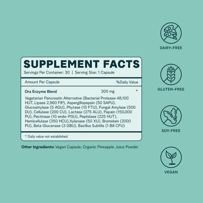 Ora Organic Multi-Enzyme Supplement - Vegan, Gluten Free Enzymes for Digestion with Probiotics for Gut Health, Bloating, Constipation and Gas Relief - 30 Easy to Swallow Capsules Ora OrganicUS supplements