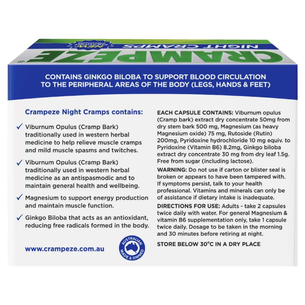 Crampeze Night Cramps Natural Relief of Muscle Cramps, Spasms & Tired Legs 60 Capsules CrampezeAu supplements