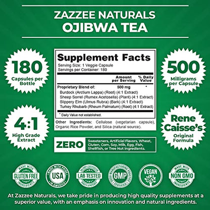 Zazzee Extra Strength Ojibwa Tea 500 mg, 180 Vegan Capsules, Rene Caisse's Original ZazzeeUS supplements