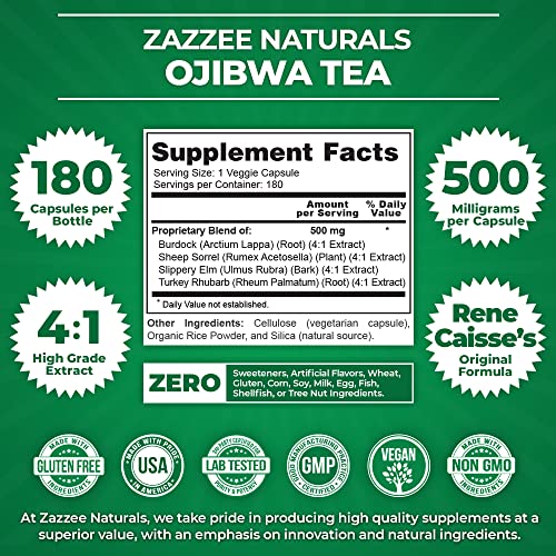 Zazzee Extra Strength Ojibwa Tea 500 mg, 180 Vegan Capsules, Rene Caisse's Original ZazzeeUS supplements
