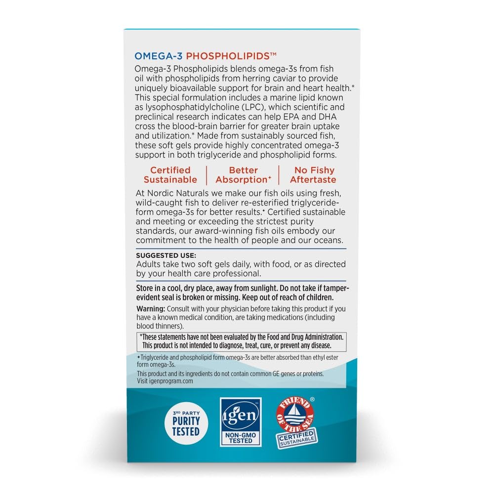 Nordic Naturals Omega-3 Phospholipids, Unflavored - 60 Soft Gels - 500 mg Omega-3 & 350 mg Phospholipids - Heart & Brain Health - Small, Easy-to-Swallow Soft Gels - Non-GMO - 30 Servings Nordic NaturalsAu supplements